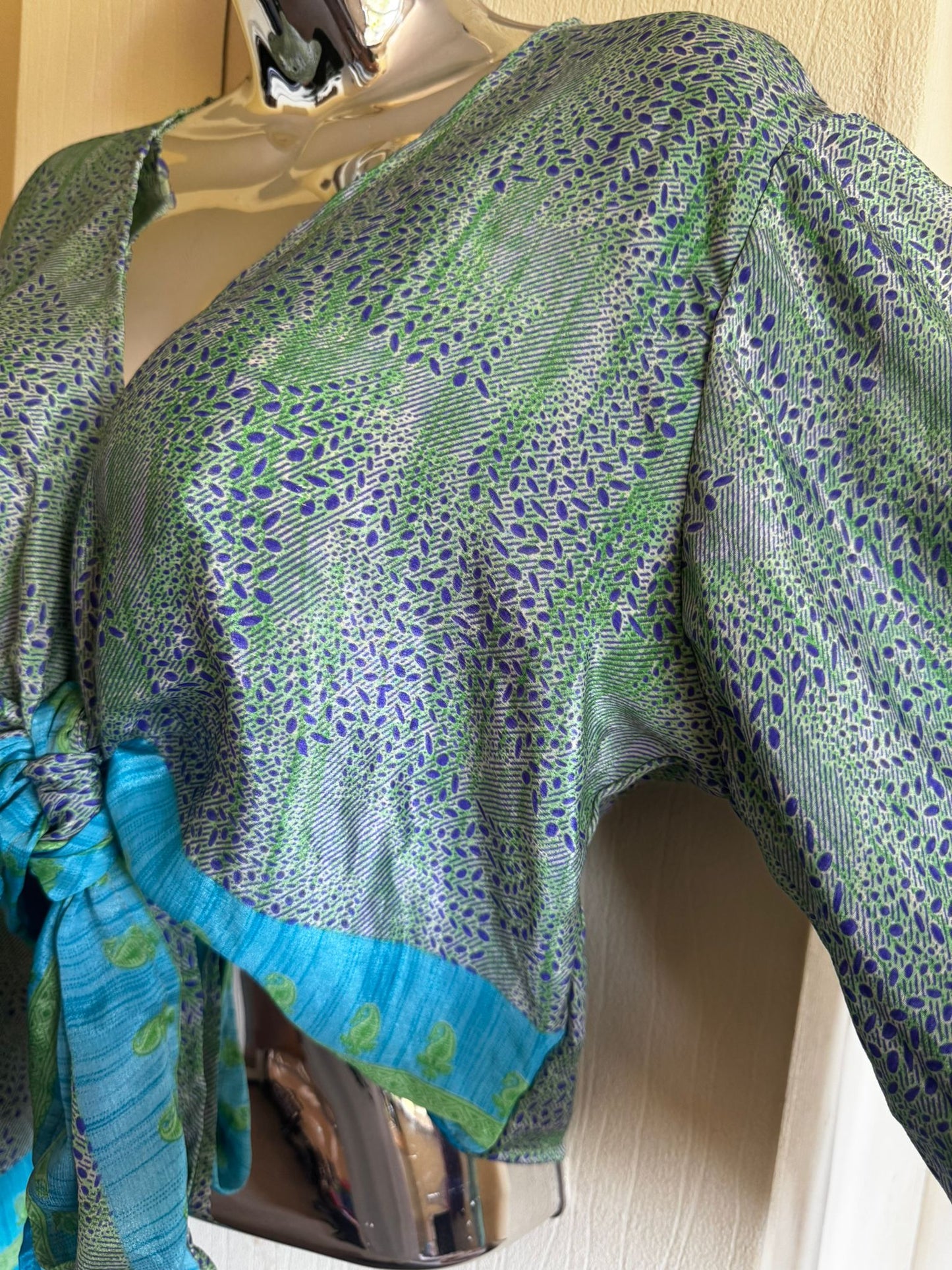 Elegant Bohemian Print Wrap Top with Tie-Front, Uk Size 6-18, Recycled Silk Material, Lightweight Womenswear Top