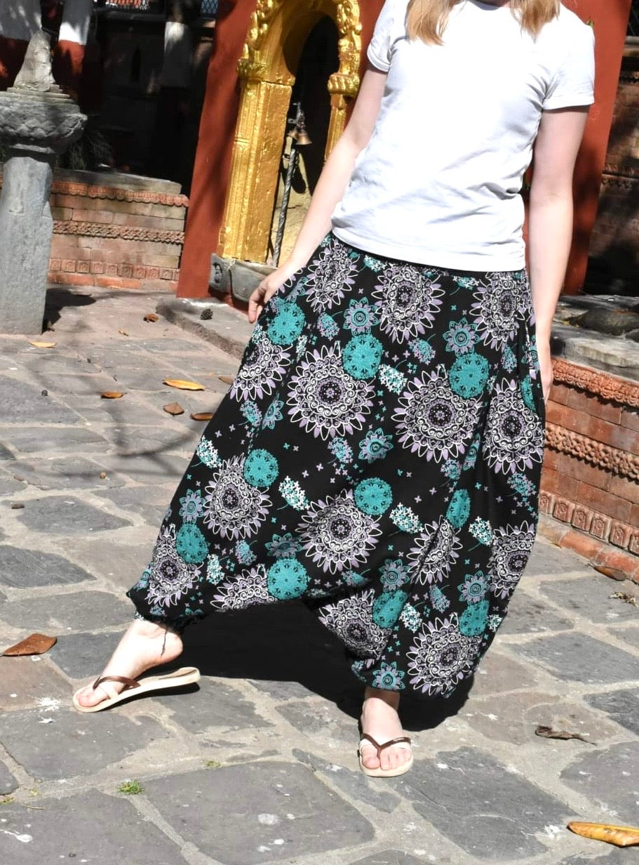 Women’s Boho Harem Pants – 100% Cotton Mandala Print (Pink, Grey, Sky Blue, Sea Blue, and Black)