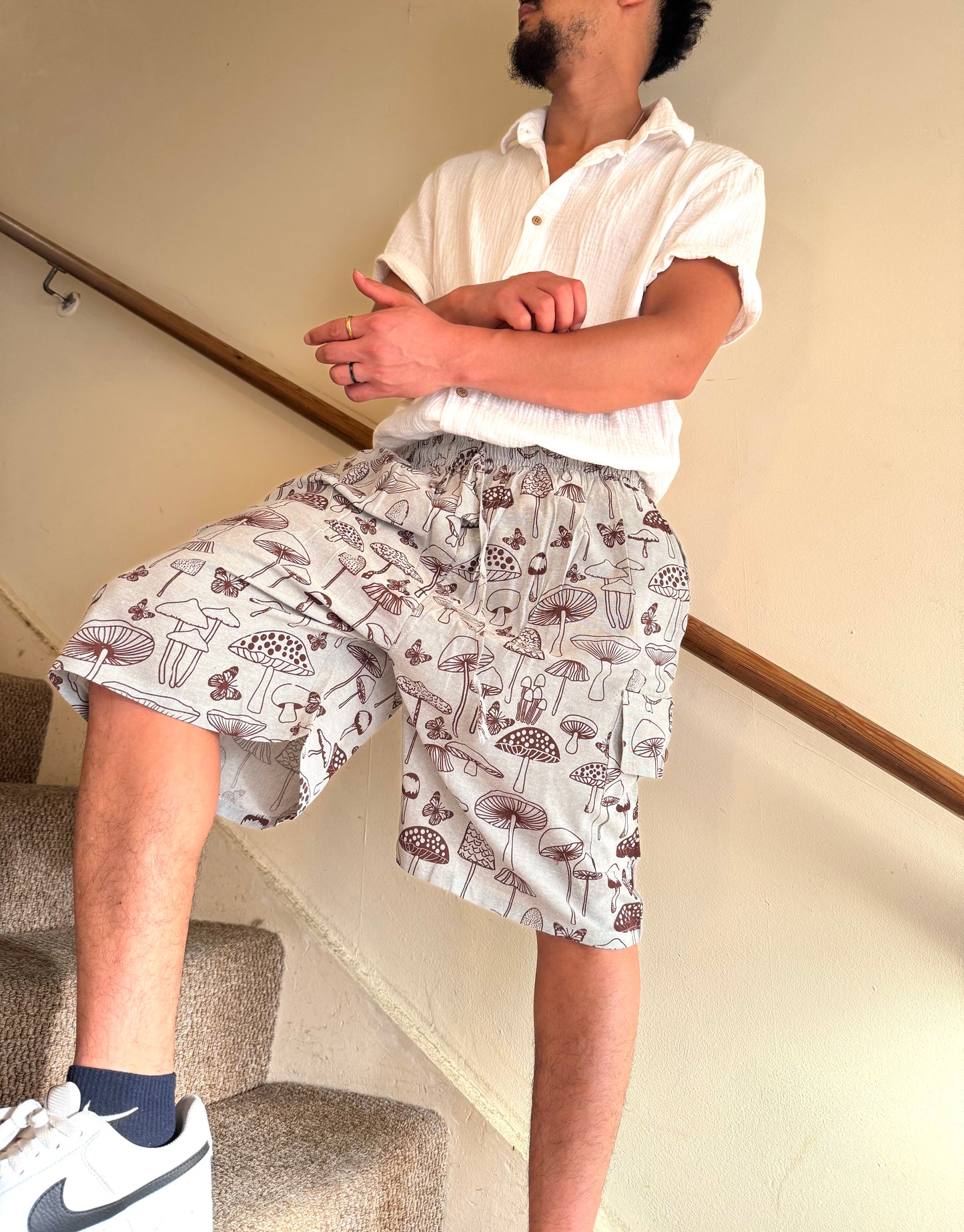 Unisex 100% Cotton Mushroom Shorts, Lightweight with Pockets 🍄✨