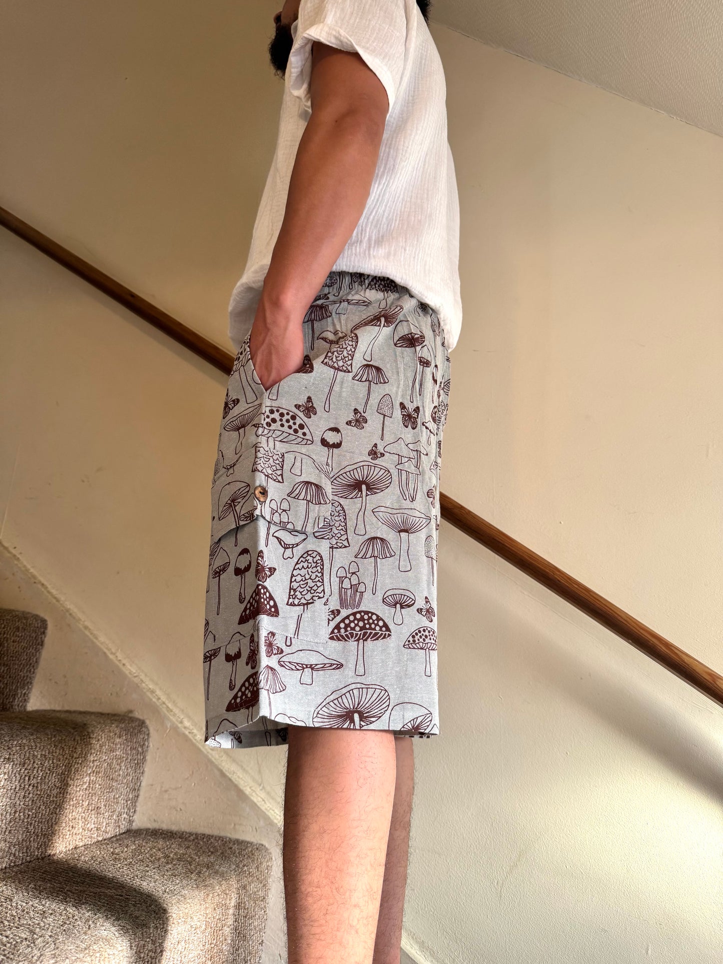 Unisex 100% Cotton Mushroom Shorts, Lightweight with Pockets 🍄✨