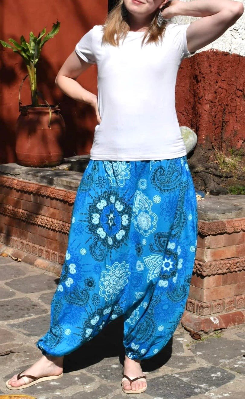Women’s Boho Harem Pants – 100% Cotton Mandala Print (Pink, Grey, Sky Blue, Sea Blue, and Black)