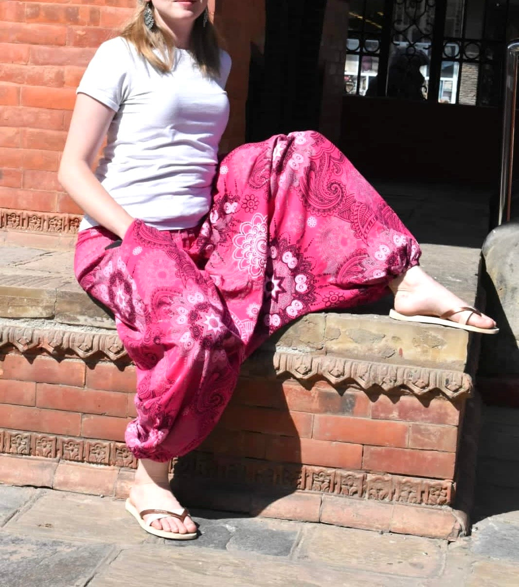 Women’s Boho Harem Pants – 100% Cotton Mandala Print (Pink, Grey, Sky Blue, Sea Blue, and Black)