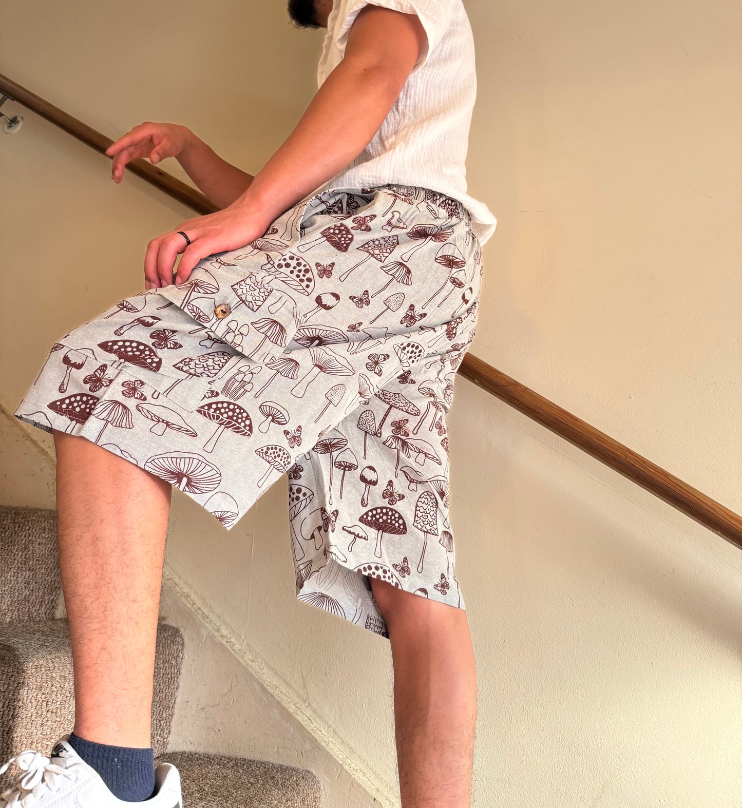 Unisex 100% Cotton Mushroom Shorts, Lightweight with Pockets 🍄✨