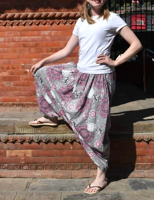 Women’s Boho Harem Pants – 100% Cotton Mandala Print (Pink, Grey, Sky Blue, Sea Blue, and Black)