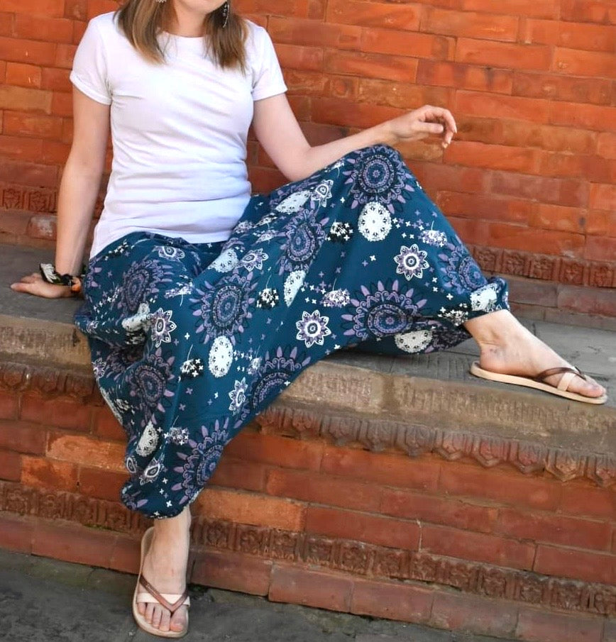 Women’s Boho Harem Pants – 100% Cotton Mandala Print (Pink, Grey, Sky Blue, Sea Blue, and Black)