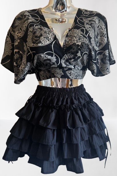 Elegant Kimono Wrap Top + Ruffle Layer Skirt