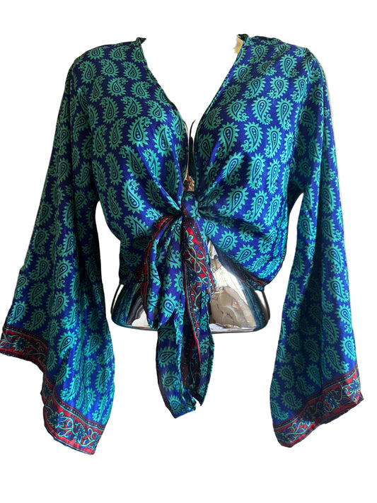 Elegant Bohemian Print Wrap Top with Tie-Front, Uk Size 6-18, Recycled Silk Material,  Lightweight Womenswear Top