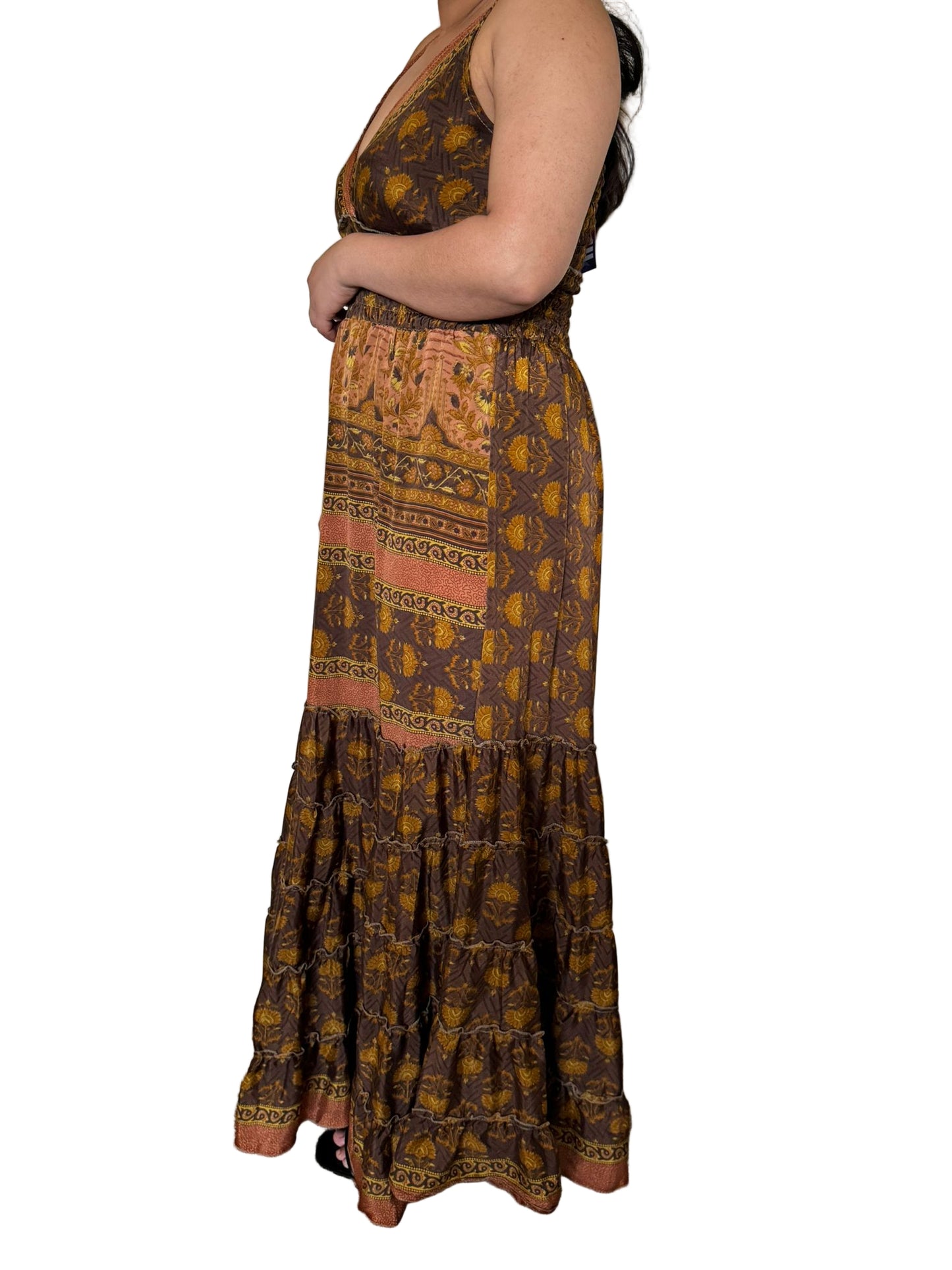 Boho Summer Outfits, Bohemian Recycled Silk Maxi Dress – Multicolor Ethnic Print, UK 8-20, Hippie Boho Dresses
