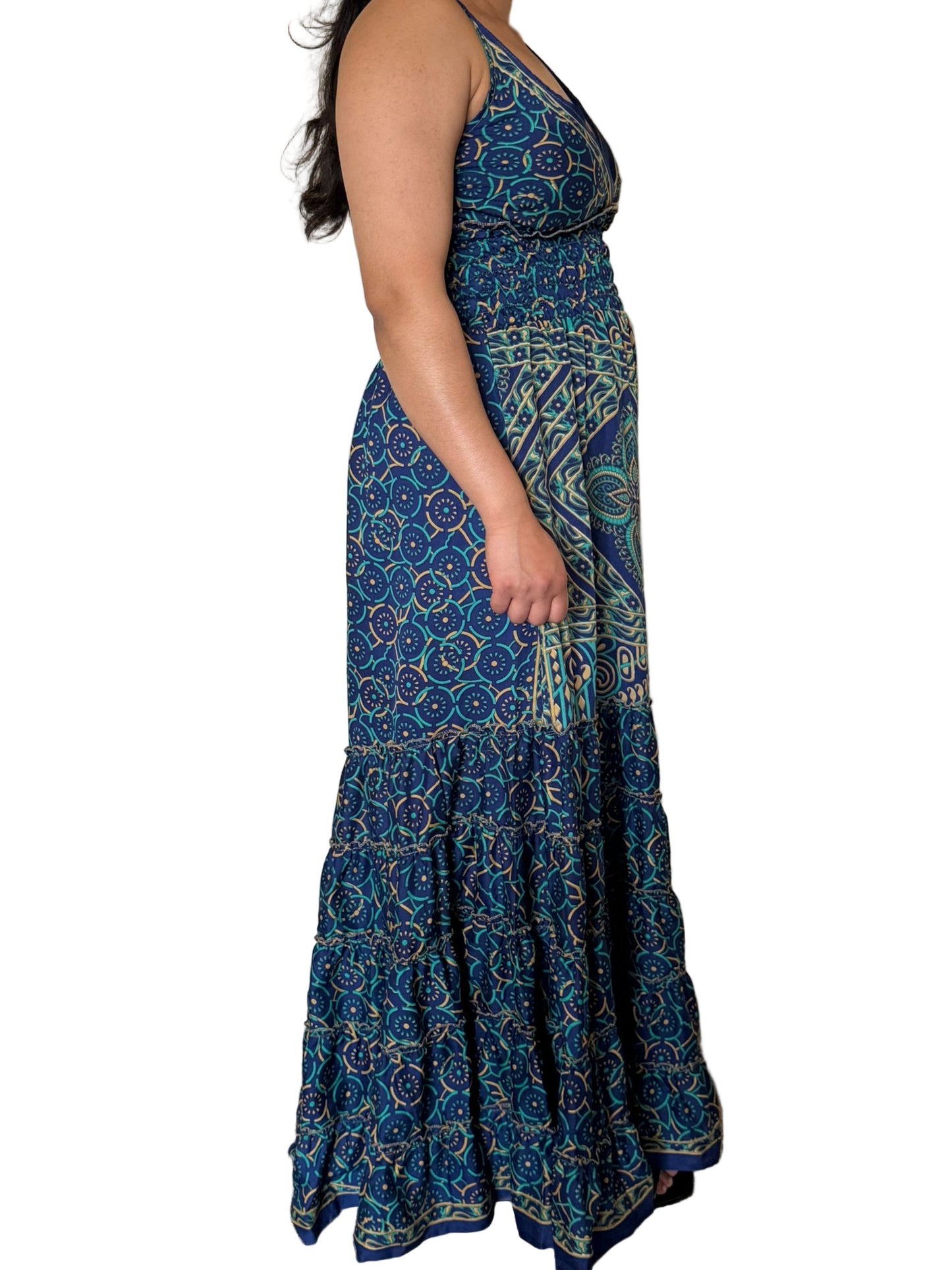 Boho Summer Outfits, Bohemian Recycled Silk Maxi Dress – Multicolor Ethnic Print, UK 8-20, Hippie Boho Dresses