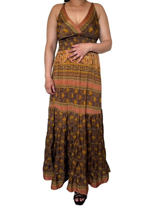 Boho Summer Outfits, Bohemian Recycled Silk Maxi Dress – Multicolor Ethnic Print, UK 8-20, Hippie Boho Dresses