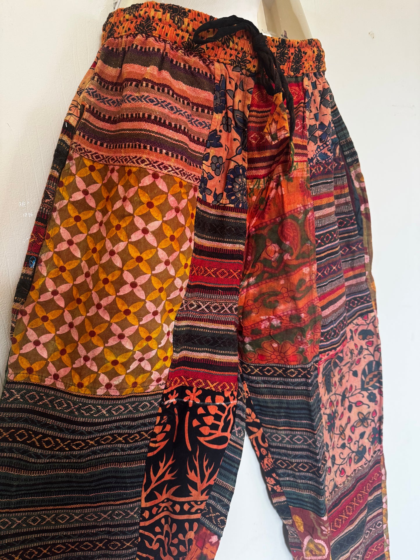 Boho Patchwork Harem Pants | 100% Cotton Festival Trousers with Stretch Waist & Side Pockets