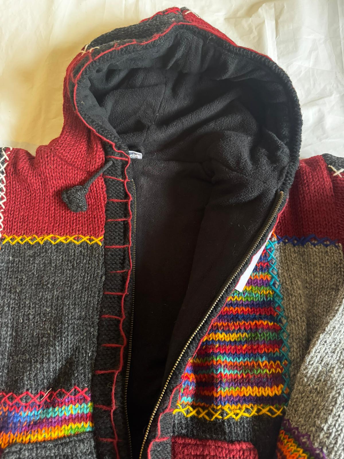 Handmade Patchwork Wool Hooded Jacket – Multicolor Ethnic Knit