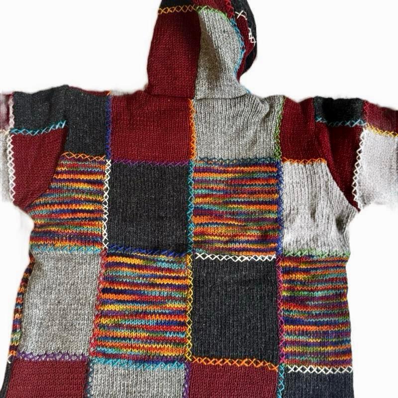 Handmade Patchwork Wool Hooded Jacket – Multicolor Ethnic Knit
