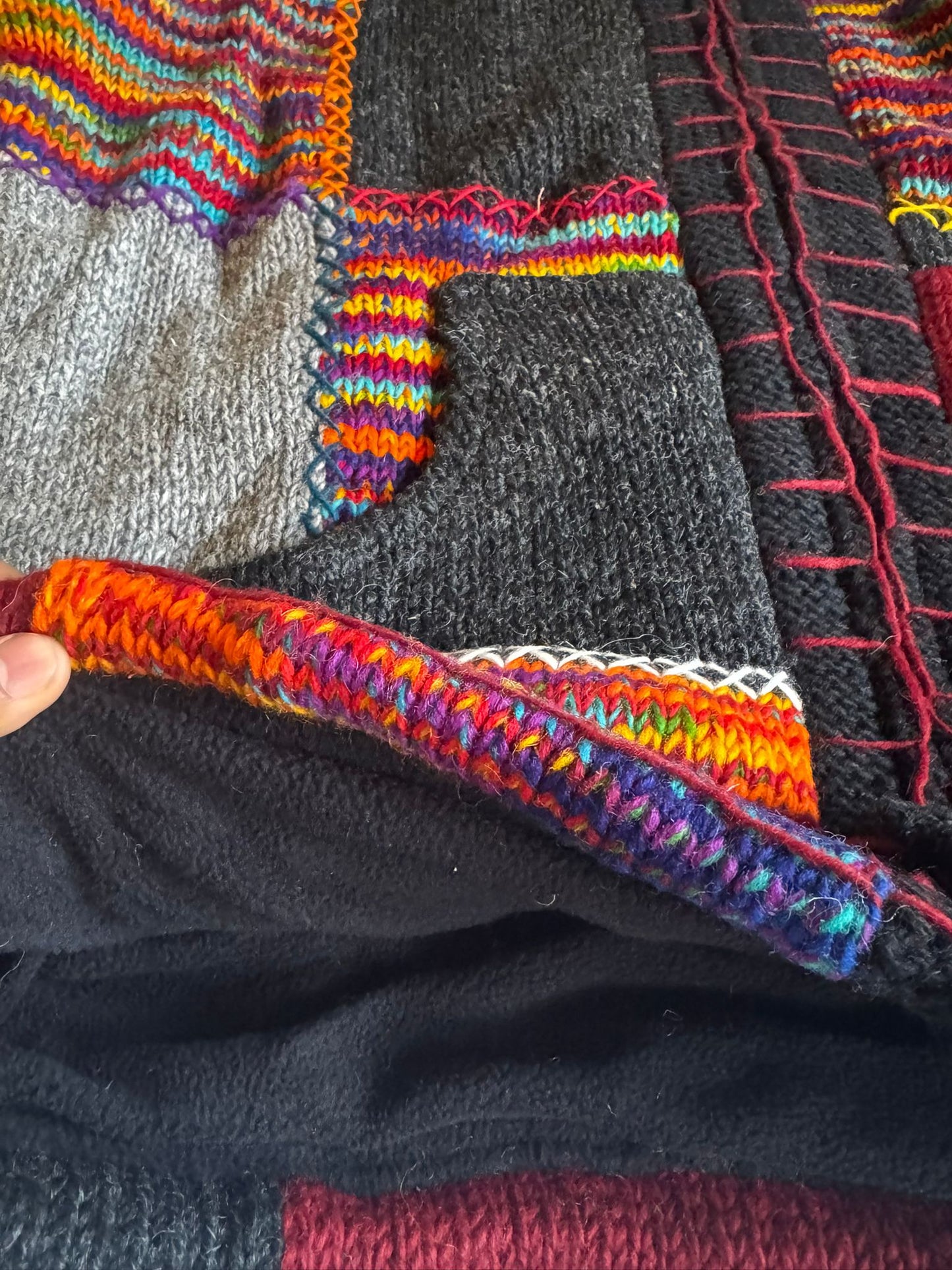 Handmade Patchwork Wool Hooded Jacket – Multicolor Ethnic Knit